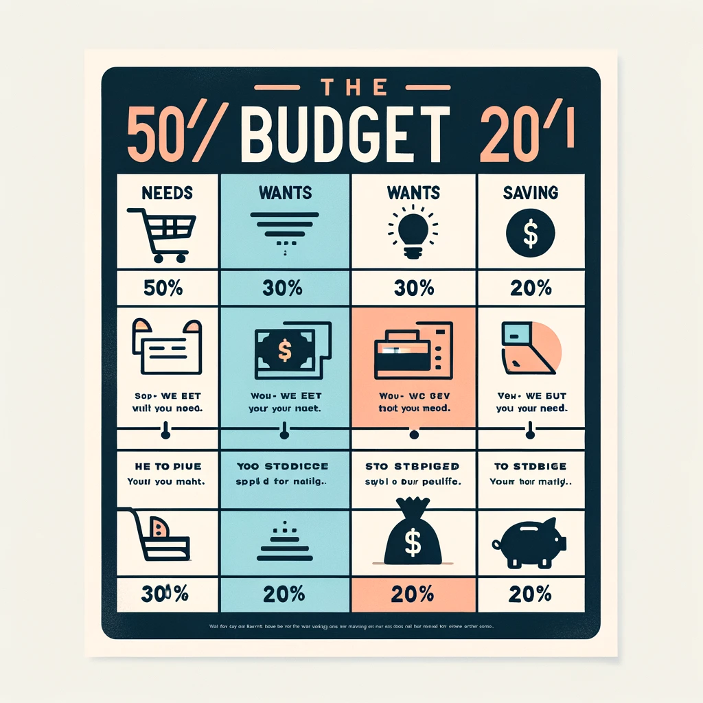 A simple infographic of the 50/30/20 budget rule or a screenshot of a budgeting app.