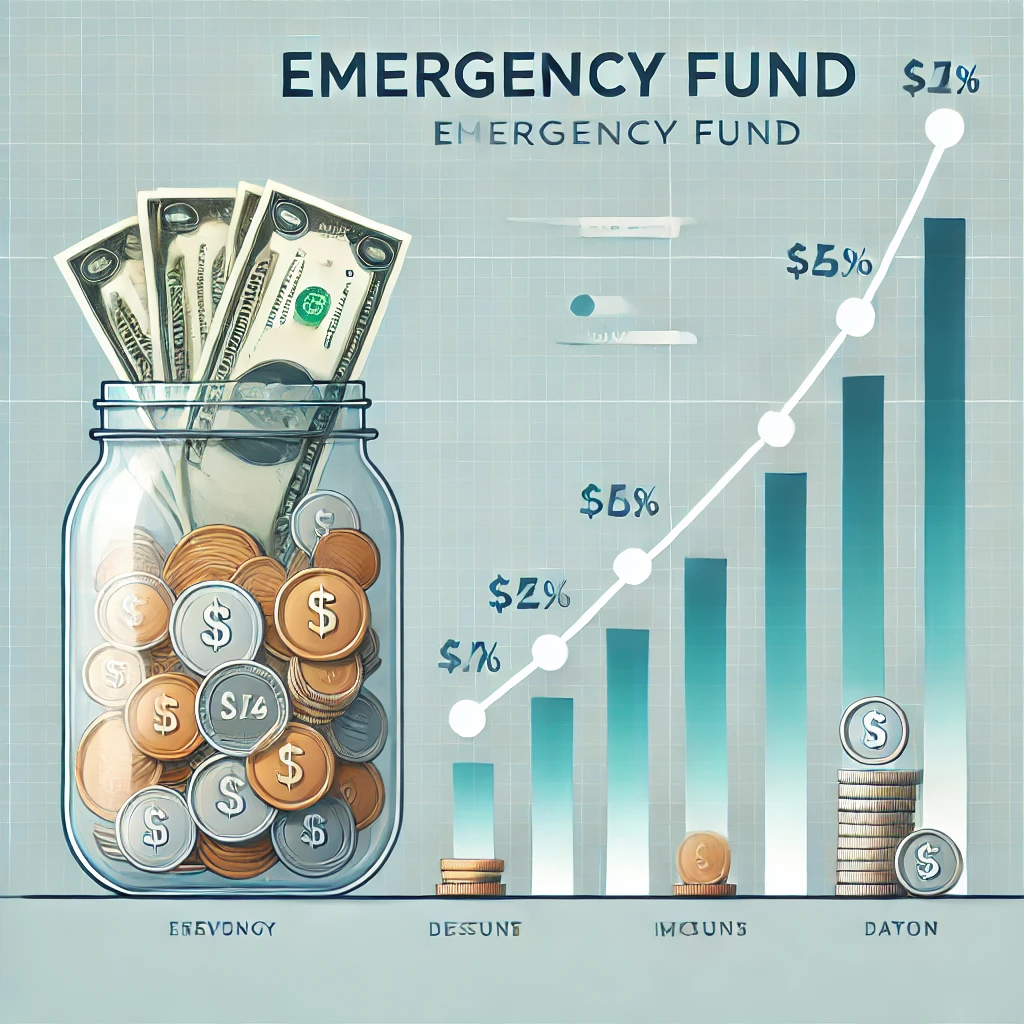 A savings jar or graph showing the growth of an emergency fund over time