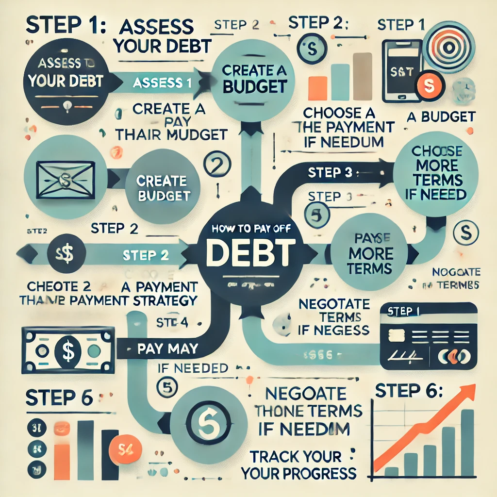 A flowchart showing how to pay off debt or a credit score infographic.