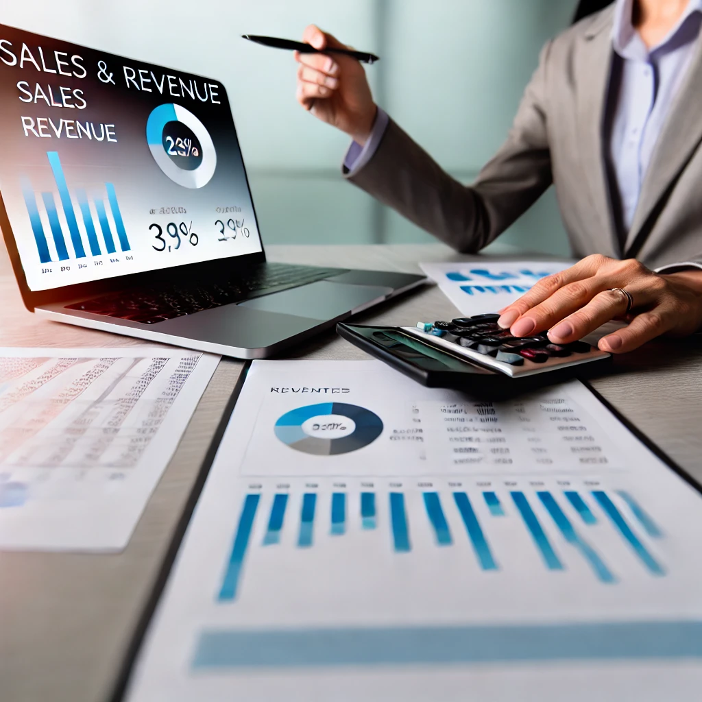 Businessperson analyzing financial reports with calculator and sales chart, symbolizing the importance of understanding sales and revenue