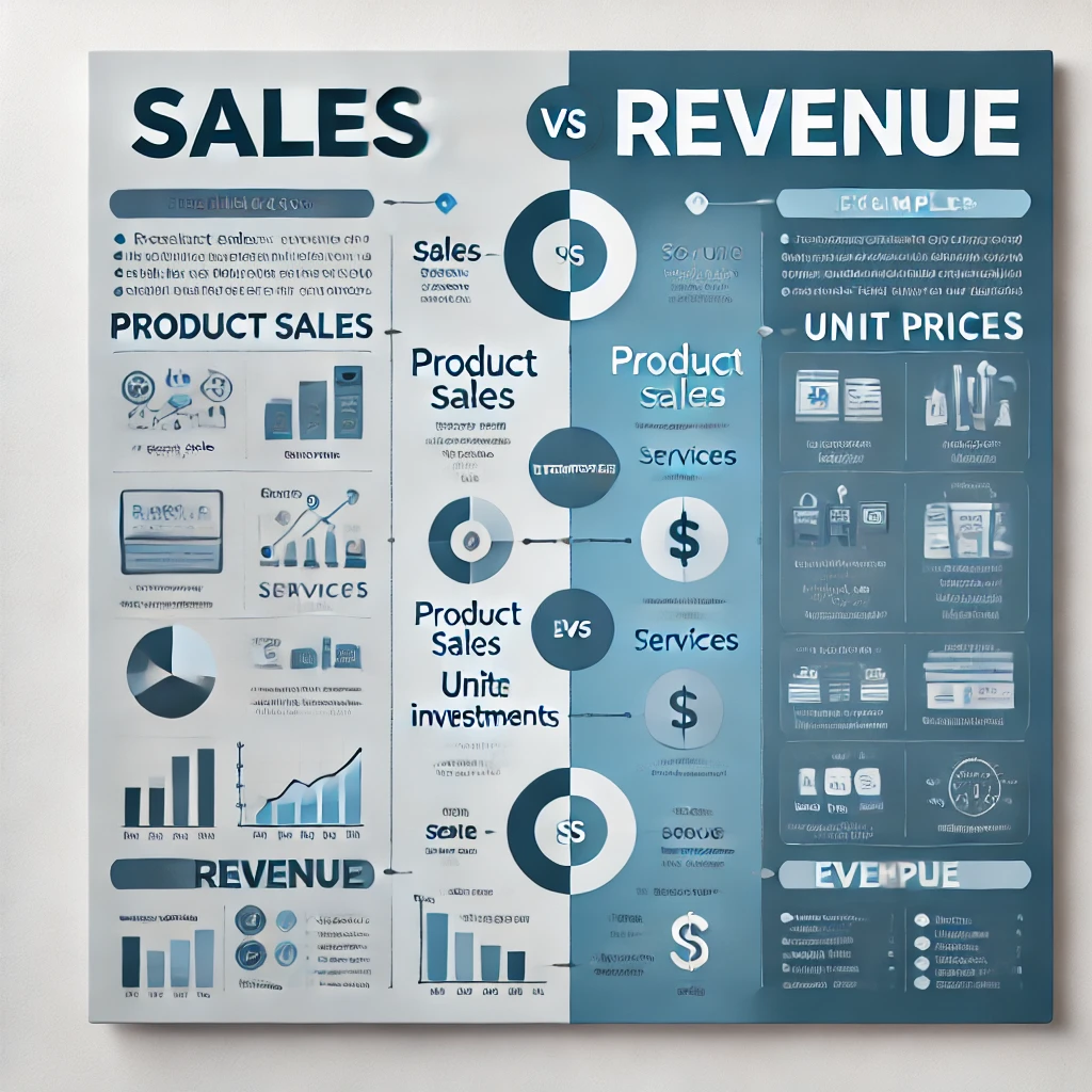 Infographic comparing sales and revenue with definitions, sources, and examples to highlight key differences